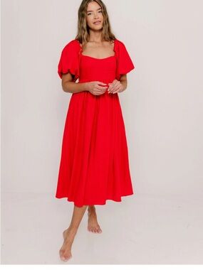 Women's Red Puff-Sleeve Midi Dress - Elegant Everyday Style